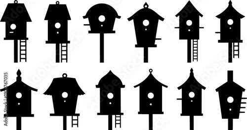 Black silhouette variety of birdhouses with ladders and different roof shapes isolated on white background vector illustration
