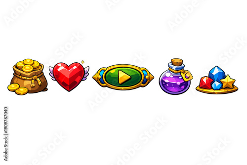 A collection of five stylized game icons featuring a sack of gold coins, a winged red heart, a green play button, a purple potion bottle, and colorful gems on a black background.