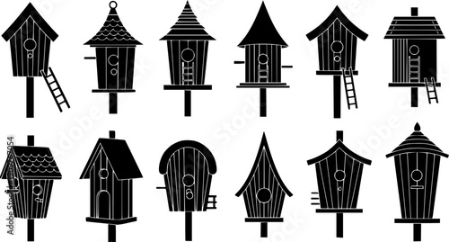 Black silhouette variety of birdhouses with ladders and different roof shapes isolated on white background vector illustration
