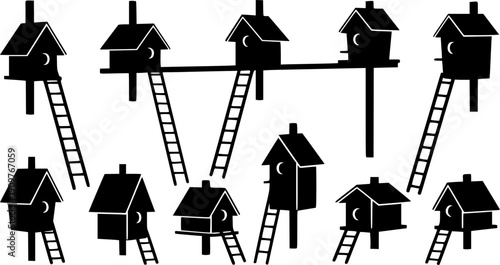 Black silhouette variety of birdhouses with ladders and different roof shapes isolated on white background vector illustration
