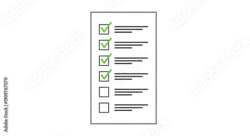 Checklist with green checked boxes on a piece of paper for business or todo list concept