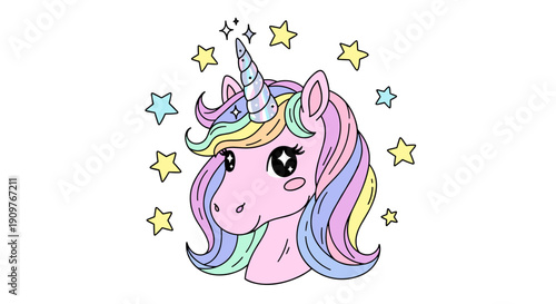 Cute unicorn head illustration with colorful mane and stars