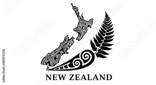 New Zealand National Symbol: A clean, monochrome depiction of New Zealand's unique cultural emblem, showcasing its geographical outline, a native fern, and traditional Maori design elements.