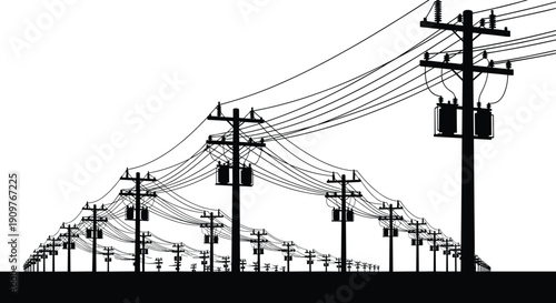 Silhouette of multiple utility poles with transformers and overhead power lines, urban electricity distribution infrastructure network perspective