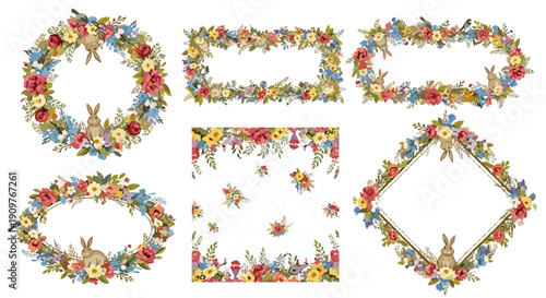 Set of floral wreaths and decorative elements for celebration