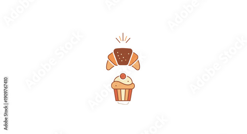 A whimsical illustration of a cupcake and chocolate cake.