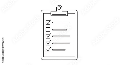 A simple line drawing of a clipboard with checkboxes and lines on a piece of paper attached to it