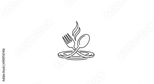 Simple line drawing of a fork and spoon on a plate.