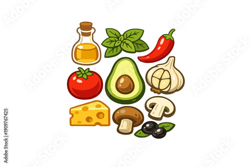 This vector illustration features various cooking ingredients like olive oil, basil, red chili, tomato, avocado, garlic, cheese, mushrooms, and olives set against a black backdrop.