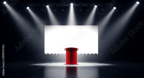 Wallpaper Mural Red Stage Podium Spotlight with Large White Projection Screen in Dark Auditorium Torontodigital.ca