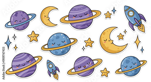 Cute cartoon space scene with planets moons stars and rockets