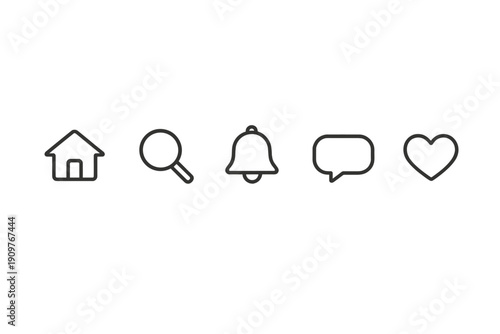 A row of five minimalist outline icons including a house, a magnifying glass, a bell, a chat bubble, and a heart, all set against a solid black background for a clean interface design.
