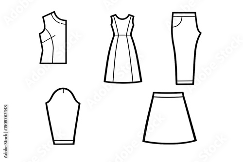 This image features white technical line drawings of garment silhouettes such as an A-line dress, a skirt, trousers, and pattern pieces for a bodice and sleeve on a black background.