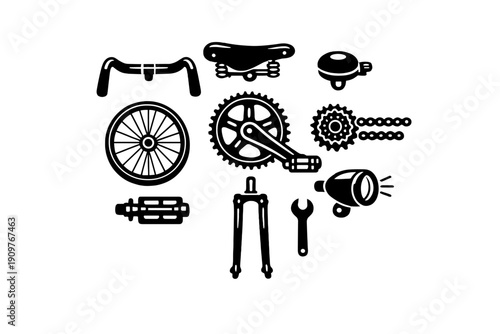 This minimalist illustration features various bicycle components like handlebars, a saddle, a crankset, and a headlight, all rendered in white on a stark black background.