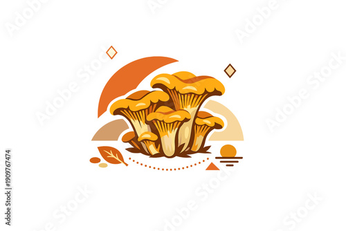 A stylized vector illustration of a cluster of golden chanterelle mushrooms against a black background, featuring geometric shapes and autumn-themed elements in warm orange tones.