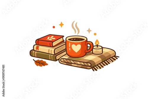 A warm autumn illustration featuring a stack of books next to a steaming orange mug with a heart, a lit candle, and a folded plaid blanket on a solid black background.