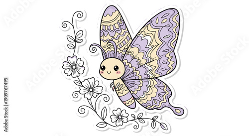 Cute butterfly with intricate wing patterns and floral accents