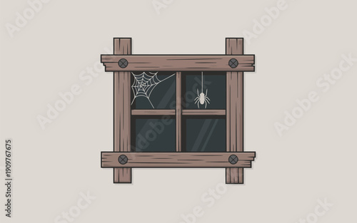 A rustic wooden framed window features a prominent spiderweb with a small spider present