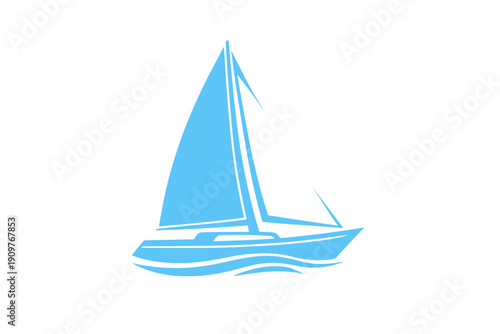 A minimalist illustration of a blue and white sailboat gliding over stylized waves. The graphic design features a simple hull and two sails set against a solid black background.