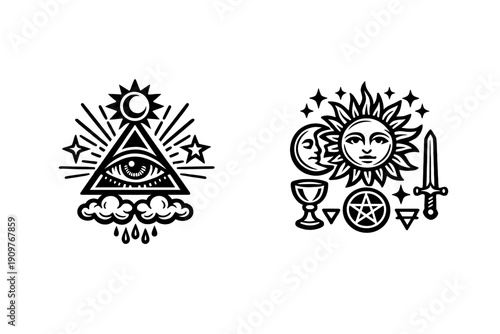 Two black and white mystical illustrations featuring an all-seeing eye in a triangle above clouds and a sun with a face surrounded by a moon, chalice, sword, and pentagram symbols.