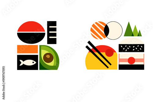 A minimalist geometric illustration featuring stylized sushi elements like fish, avocado, and chopsticks on a black background. The flat design uses bold colors and simple shapes.
