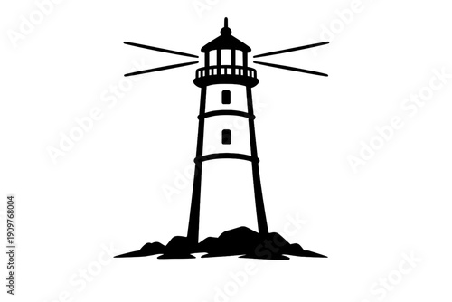 This minimalist black and white line art illustration features a lighthouse perched on a rocky cliff, emitting beams of light from its lantern room into the sky.