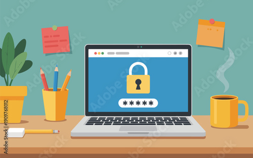 A secure laptop screen shows a golden padlock and password stars on a busy work desk