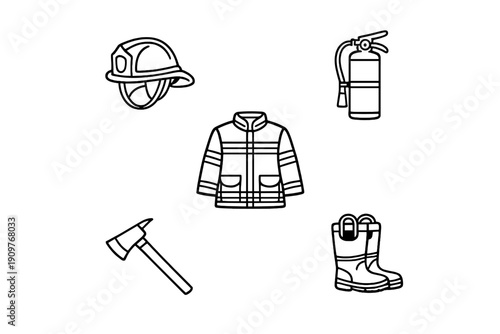 A collection of white line art icons representing firefighting equipment, including a helmet, fire extinguisher, protective jacket, axe, and boots on a black background.