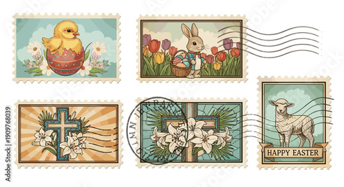 Easter themed illustrations with eggs flowers and bunny characters