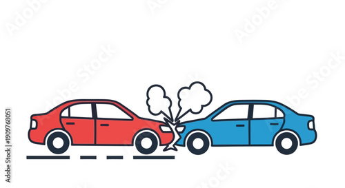 Two cars one red and one blue have collided in a head on impact