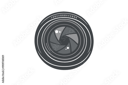 A grayscale vector illustration of a camera lens aperture showing the internal blades and glass reflections. The design is centered against a solid black background.