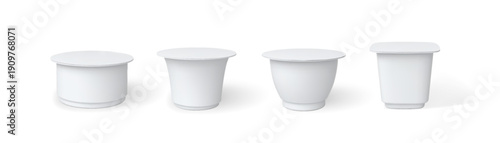 Realistic yogurt cup, dairy product packages vector set, 3D mockup of white plastic container different form, closed lid