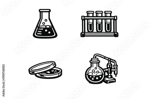 A collection of four white laboratory equipment icons on a black background, featuring an Erlenmeyer flask, test tubes in a rack, petri dishes, and a distillation apparatus.