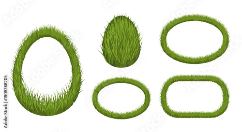 Set of five green grass eggs with different shapes and sizes
