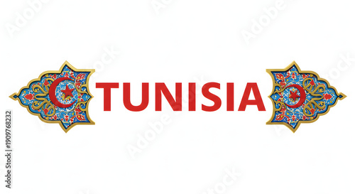 Tunisia's Cultural Legacy: A vibrant design showcasing the word Tunisia alongside intricate, artistic motifs that embodies the rich culture and heritage of the country.