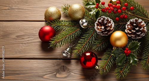 Wallpaper Mural Christmas Evergreen Branch with Red and Gold Baubles, Pinecones, and Holly on Wood Torontodigital.ca