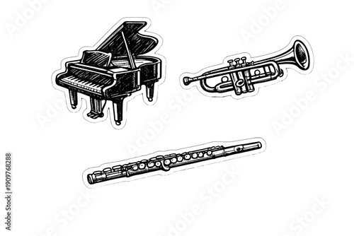 A collection of hand-drawn musical instrument stickers featuring a grand piano, a trumpet, and a flute. The black and white illustrations are set against a dark background.