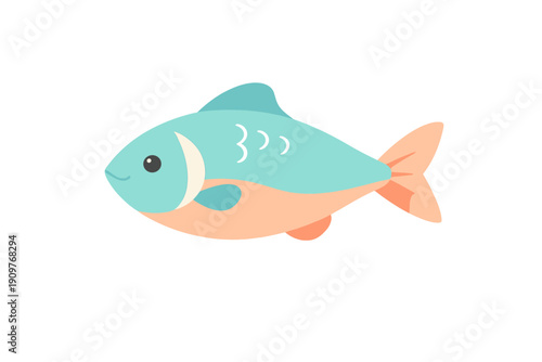 This flat vector illustration depicts a cute light blue fish with a peach-colored belly and orange fins. The aquatic creature is shown in profile against a dark background.