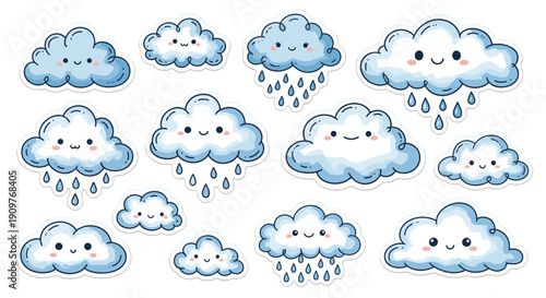 Collection of cute cartoon clouds with rain and weather expressions