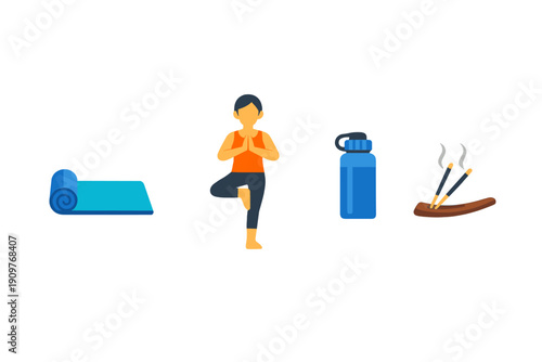 This flat vector illustration features a person in a yoga tree pose, a blue exercise mat, a water bottle, and incense sticks. It depicts a complete set for a home meditation session.