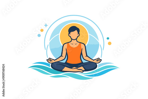 A flat vector illustration of a person meditating in a lotus position on blue waves. The figure is framed by a yellow sun and circular patterns against a dark background.