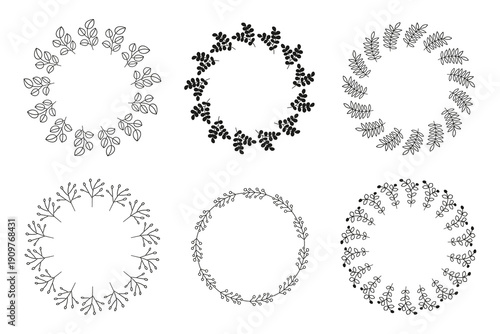 Set of cute round frames with hand drawn outline leafy twigs, herbs, berries, pussy willow isolated on white background.