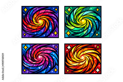 Four square illustrations of abstract stained glass spirals in different color schemes, featuring vibrant swirling patterns and small star shapes against a dark background.