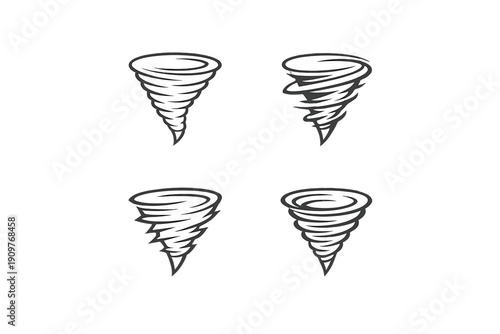 A set of four white tornado icons displayed on a solid black background. Each graphic features a unique swirling funnel design representing a powerful wind storm or twister.