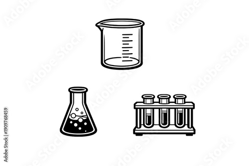 A collection of black and white laboratory glassware icons including a beaker, a conical flask, and a test tube rack containing three tubes, presented in a minimalist line art style.