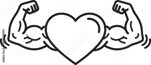 Empowering Outline Symbol of Cardiovascular Strength and Wellness Represented by a Robust Heart with Muscular Biceps