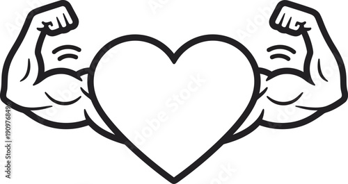 Vibrant heart with muscular arms flexing, symbolizing robust cardiovascular health and strength and active living