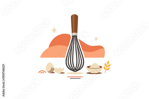 A minimalist vector illustration featuring a kitchen whisk, eggs, a bowl of flour, and a wheat stalk against a black background with abstract orange shapes and stars.