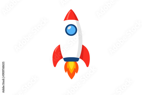 A cartoon rocket ship with a white body, red fins, and a blue window blasts off against a solid black background, emitting bright orange and yellow flames from its engine.
