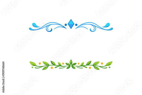 Two decorative horizontal dividers on a black background. The top one is blue with a diamond and swirls, while the bottom one features green leaves and yellow berries.
